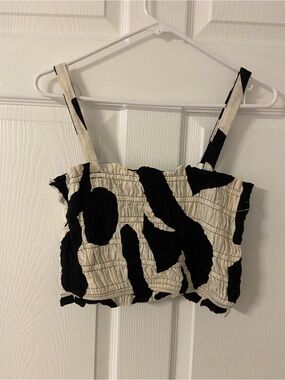 T42- PAPER HEART Black-White Smocked COW Print Crop Top